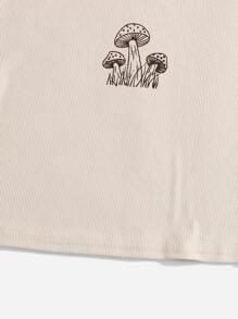 SHEIN Qutie Áo thun Plus size Gân đan Khối Màu Thực vật Giải trí - Màu be - Xem 4