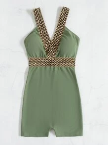 Stitch Detail One Piece Swimsuit, For Summer Beach Vacation - Army Green - View 4