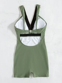 Stitch Detail One Piece Swimsuit, For Summer Beach Vacation - Army Green - View 2