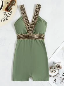 Stitch Detail One Piece Swimsuit, For Summer Beach Vacation - Army Green - View 5