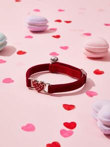 1pc Valentine's Day Pet Heart Flocked Rhinestone Bell Collar, Suitable For Cats And Small Dogs