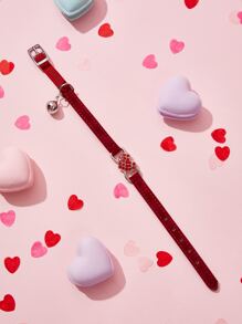 1pc Valentine's Day Pet Heart Flocked Rhinestone Bell Collar, Suitable For Cats And Small Dogs