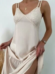 Váy ngủ & áo ngủ Nữ Tương phản ren Viên lá sen màu trơn Giải trí - Màu be - Xem 3