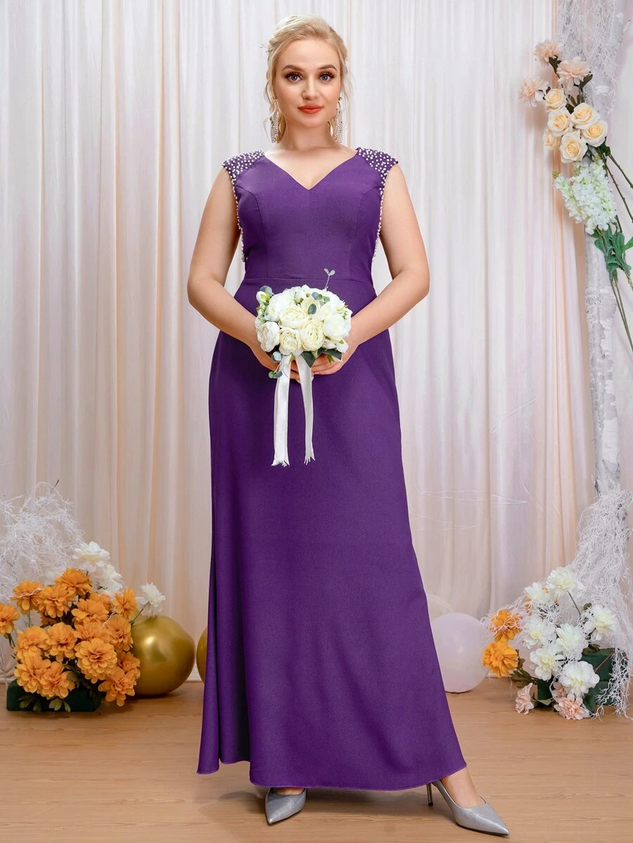 SHEIN Belle Plus Pearl Beaded Bridesmaid Dress - Violet Purple - View 1