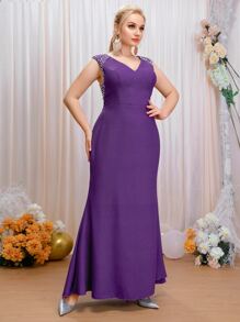 SHEIN Belle Plus Pearl Beaded Bridesmaid Dress - Violet Purple - View 3