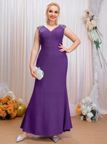 SHEIN Belle Plus Pearl Beaded Bridesmaid Dress - Violet Purple - View 4