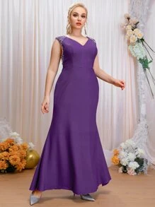SHEIN Belle Plus Pearl Beaded Bridesmaid Dress - Violet Purple - View 5