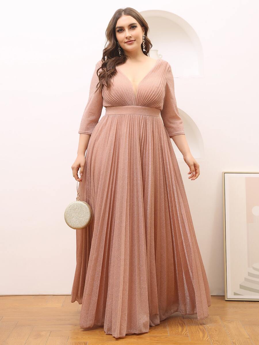 SHEIN Belle Plus Pleated Zipper Back Glitter Formal Dress - Dusty Pink - View 1