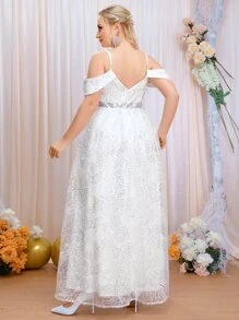 SHEIN Belle Vestido de novia con lentejuelas de hombros descubiertos - Blanco - Ver 2