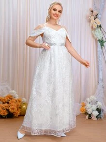 SHEIN Belle Vestido de novia con lentejuelas de hombros descubiertos - Blanco - Ver 3