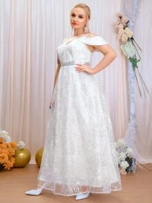 SHEIN Belle Vestido de novia con lentejuelas de hombros descubiertos - Blanco - Ver 4