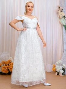 SHEIN Belle Vestido de novia con lentejuelas de hombros descubiertos - Blanco - Ver 5