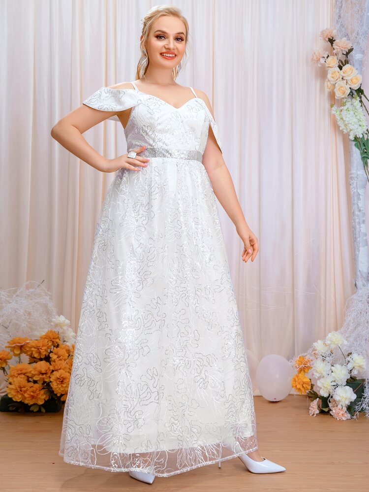 SHEIN Belle Plus Sequin Decor Cold Shoulder Wedding Dress - White - View 5