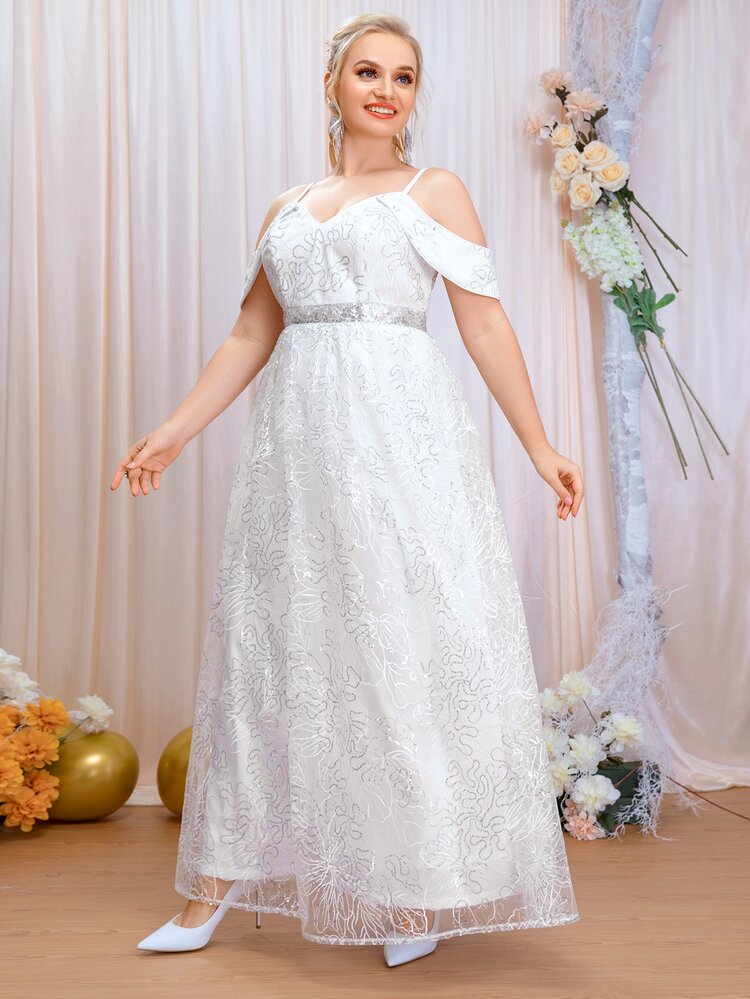 SHEIN Belle Plus Sequin Decor Cold Shoulder Wedding Dress - White - View 6