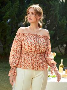 SHEIN Frenchy Plus Ditsy Floral Shirred Waist Bardot Top - Multicolor - View 4