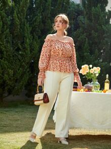 SHEIN Frenchy Plus Ditsy Floral Shirred Waist Bardot Top - Multicolor - View 3