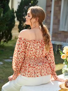 SHEIN Frenchy Plus Ditsy Floral Shirred Waist Bardot Top - Multicolor - View 2