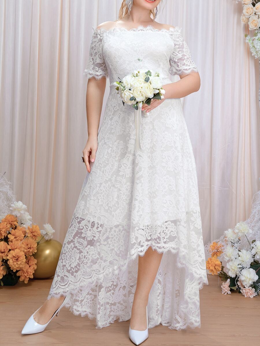 SHEIN Belle Hơn Off Shoulder Hem cao thấp Ren lông mi Váy dự tiệc - trắng - Xem 1