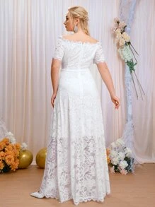 SHEIN Belle Hơn Off Shoulder Hem cao thấp Ren lông mi Váy dự tiệc - trắng - Xem 2