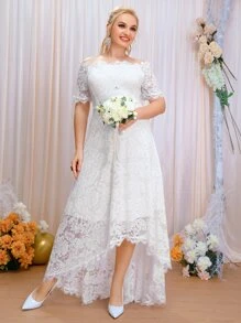SHEIN Belle Hơn Off Shoulder Hem cao thấp Ren lông mi Váy dự tiệc - trắng - Xem 3