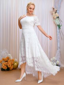 SHEIN Belle Hơn Off Shoulder Hem cao thấp Ren lông mi Váy dự tiệc - trắng - Xem 4