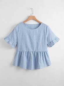 Celure Plus Striped Print Flounce Sleeve Peplum Blouse - Baby Blue - View 1