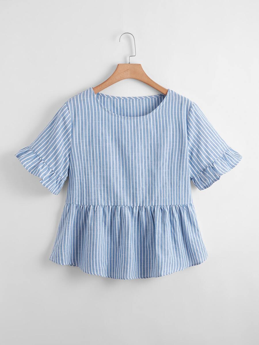 Celure Plus Striped Print Flounce Sleeve Peplum Blouse - Baby Blue - View 1