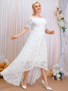SHEIN Belle Hơn Off Shoulder Hem cao thấp Ren lông mi Váy dự tiệc - trắng - Xem 5
