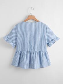 Celure Plus Striped Print Flounce Sleeve Peplum Blouse - Baby Blue - View 2