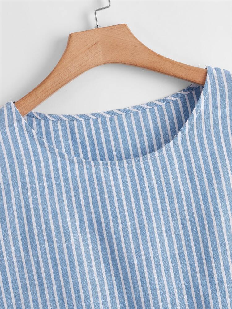 Celure Plus Striped Print Flounce Sleeve Peplum Blouse - Baby Blue - View 4