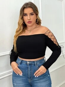 Plus Off Shoulder Lace Up Side Crop Tee - Black - View 1