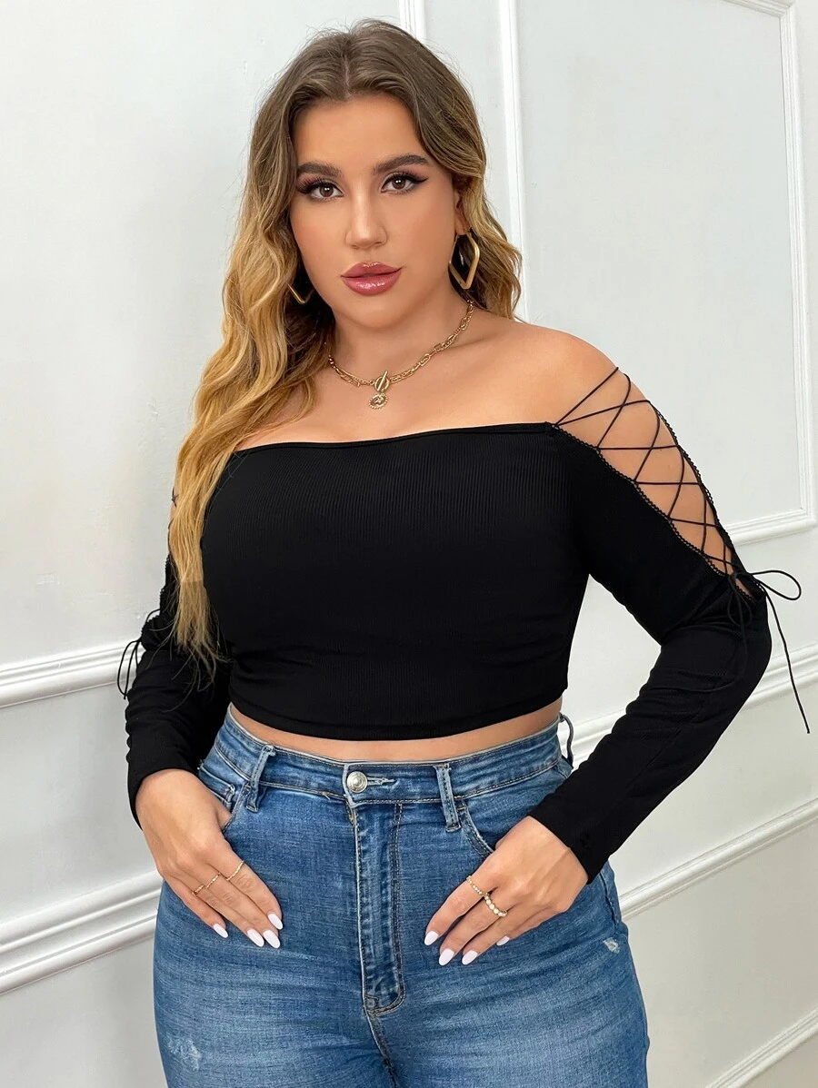 Plus Off Shoulder Lace Up Side Crop Tee - Black - View 1