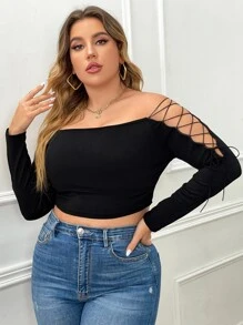 Plus Off Shoulder Lace Up Side Crop Tee - Black - View 3