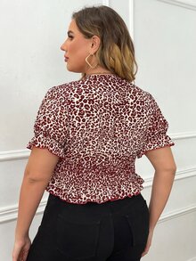 Plus Leopard Print Shirred Peplum Blouse - Multicolor - View 2