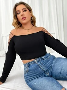 Plus Off Shoulder Lace Up Side Crop Tee - Black - View 4
