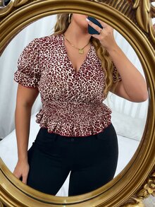 Plus Leopard Print Shirred Peplum Blouse - Multicolor - View 3