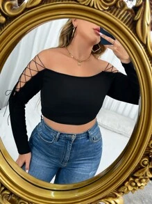 Plus Off Shoulder Lace Up Side Crop Tee - Black - View 5