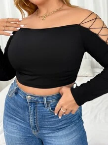 Plus Off Shoulder Lace Up Side Crop Tee - Black - View 6