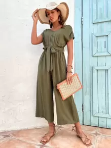 蝙蝠袖腰帶闊腿連體褲 - 軍綠色 - 查看 1