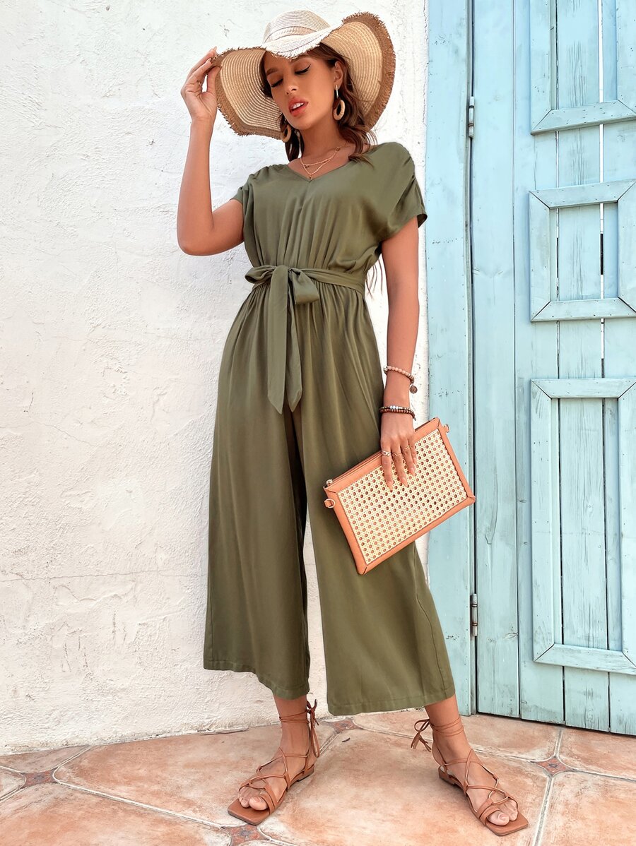 蝙蝠袖腰帶闊腿連體褲 - 軍綠色 - 查看 1