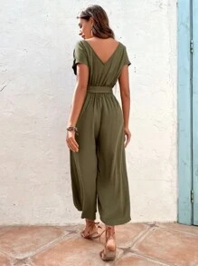 蝙蝠袖腰帶闊腿連體褲 - 軍綠色 - 查看 2