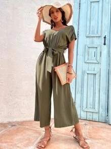 蝙蝠袖腰帶闊腿連體褲 - 軍綠色 - 查看 3