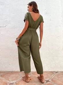 蝙蝠袖腰帶闊腿連體褲 - 軍綠色 - 查看 5