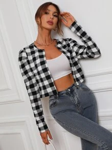 SHEIN Privé Buffalo Plaid Puff Sleeve Open Front Jacket - Black and White - View 1
