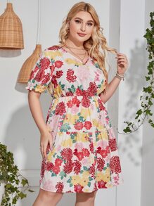 Đầm Plus Size Viên lá sen Hoa Tất cả trên in Boho - Nhiều màu - Xem 2