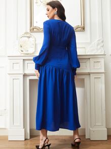 Modelyn Vestido con cinturón de manga obispo bajo con fruncido - azul real - Ver 2