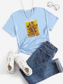 向日葵和字母圖案T恤 - 淺藍色 - 查看 1