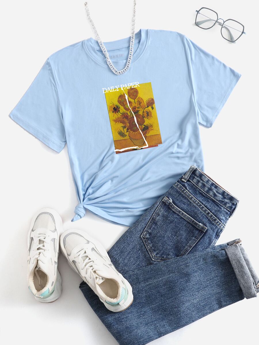 向日葵和字母圖案T恤 - 淺藍色 - 查看 1