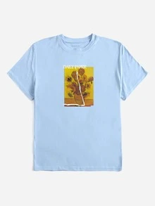 向日葵和字母圖案T恤 - 淺藍色 - 查看 3