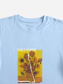 向日葵和字母圖案T恤 - 淺藍色 - 查看 4